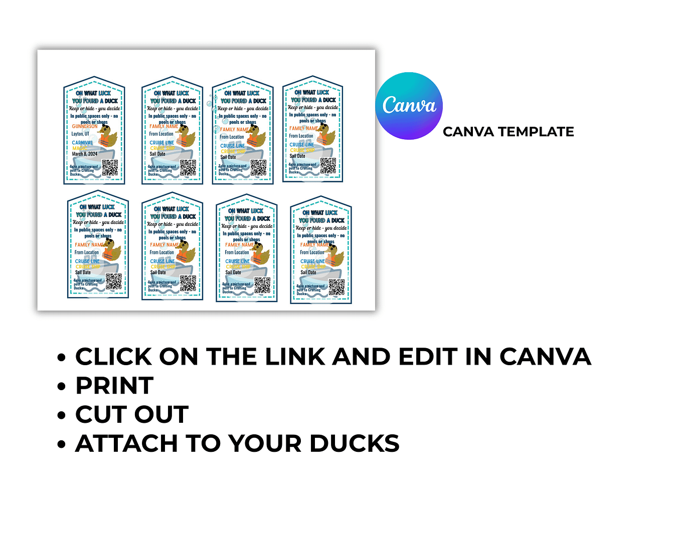 You found a Duck Cruising Ducks Tag Editable template, Canva Cruise Ship Rubber Duck Tags Printable Instant Download,#cruisingducks Canva