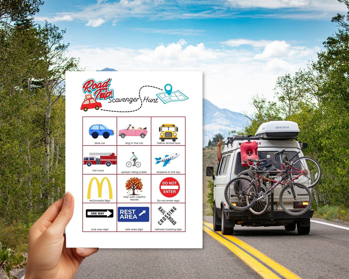 Road trip scavenger hunt, Printable car ride activity, spot the different items A to Z