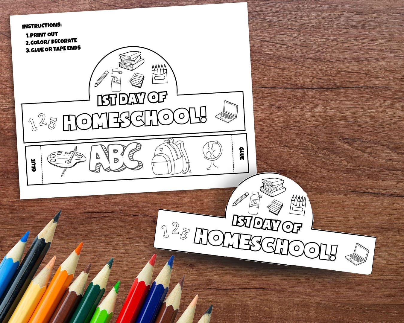 First Day of School Crown, Color Cut Out, Homeschool Craft, Kindergarten Activity, Wearable Coloring Page