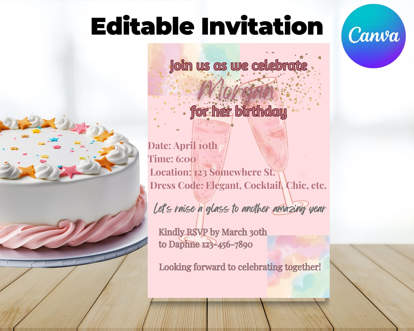 Editable Rose gold water color adult Birthday Invitation, Evite Editable Printable and Digital