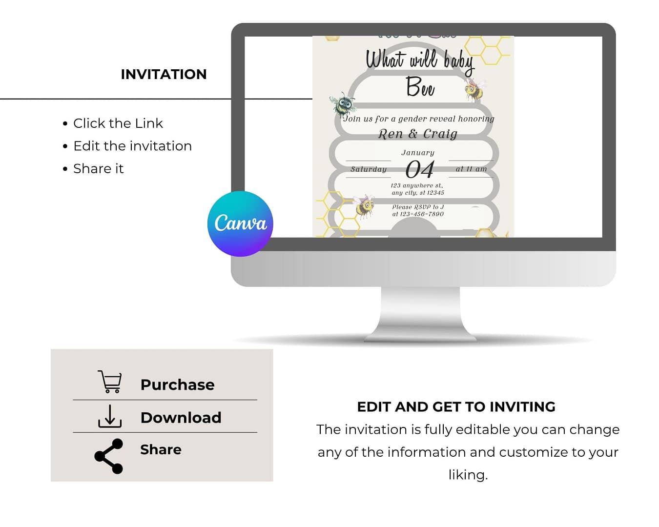 Baby Bee gender reveal invitation editable