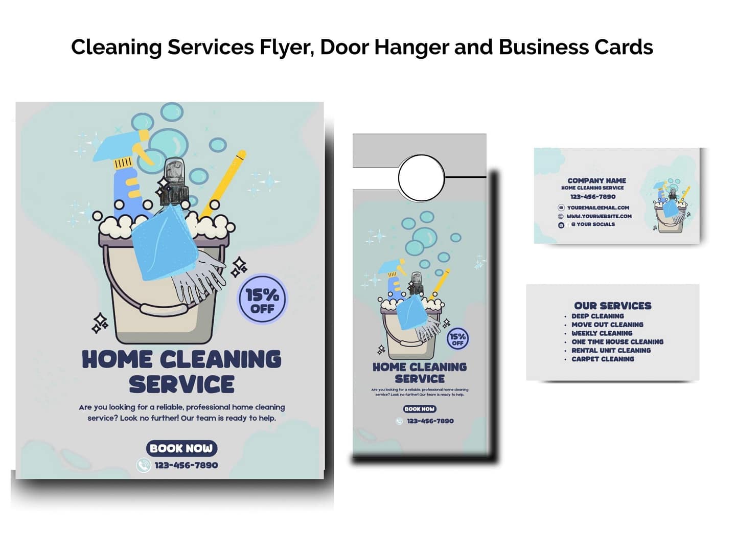 Editable Cleaning Business Bundle Flyer, Door Hanger and Business Cards